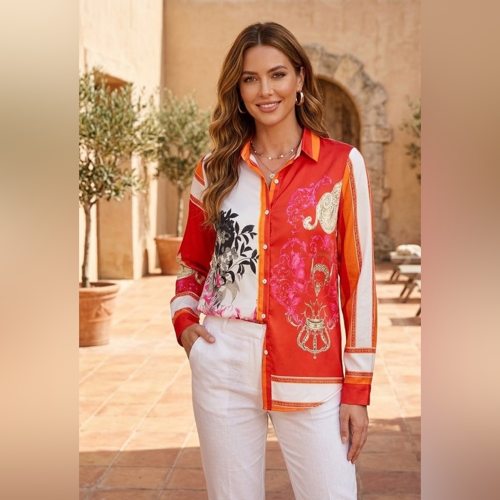Fashion Nova Red & White Print Button-Down Shirt